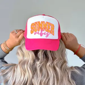 Summer Vibes Pink and Orange Graphic Trucker Hat for Women and Teens - Trendy Girly Adjustable Cap - Cute Summer Snapback