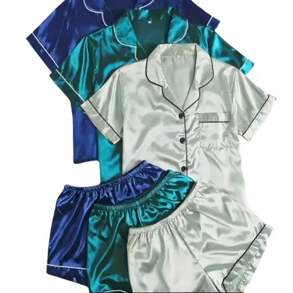 Casual Fashion 6-Pack Satin Pajama Set – Solid Short Sleeve Shirt & Elastic Waist Shorts, Soft Comfortable Loungewear for Women, Nightwear & Womenswear