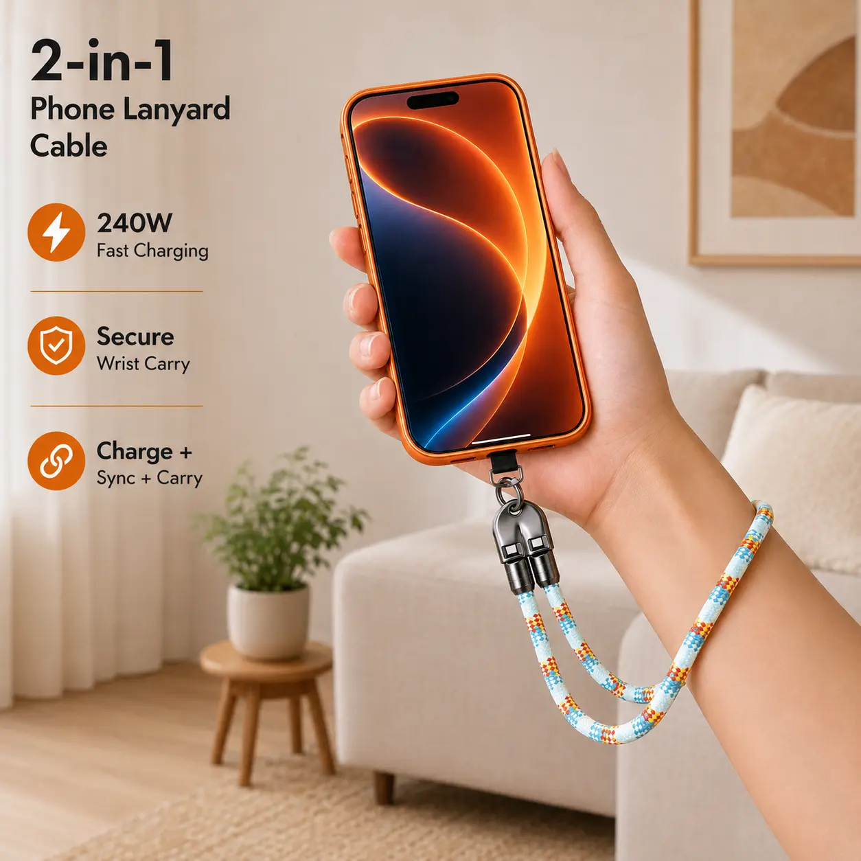 240W USB-C 2-in-1 Wrist Strap Charging Cable - 0.3m Mobile Charger Cord with Anti-Lost Lanyard Plug, Secure Wrist Carry for Short Fast Charging of Phones & Power Banks (Supports 240W), Black 0.3M