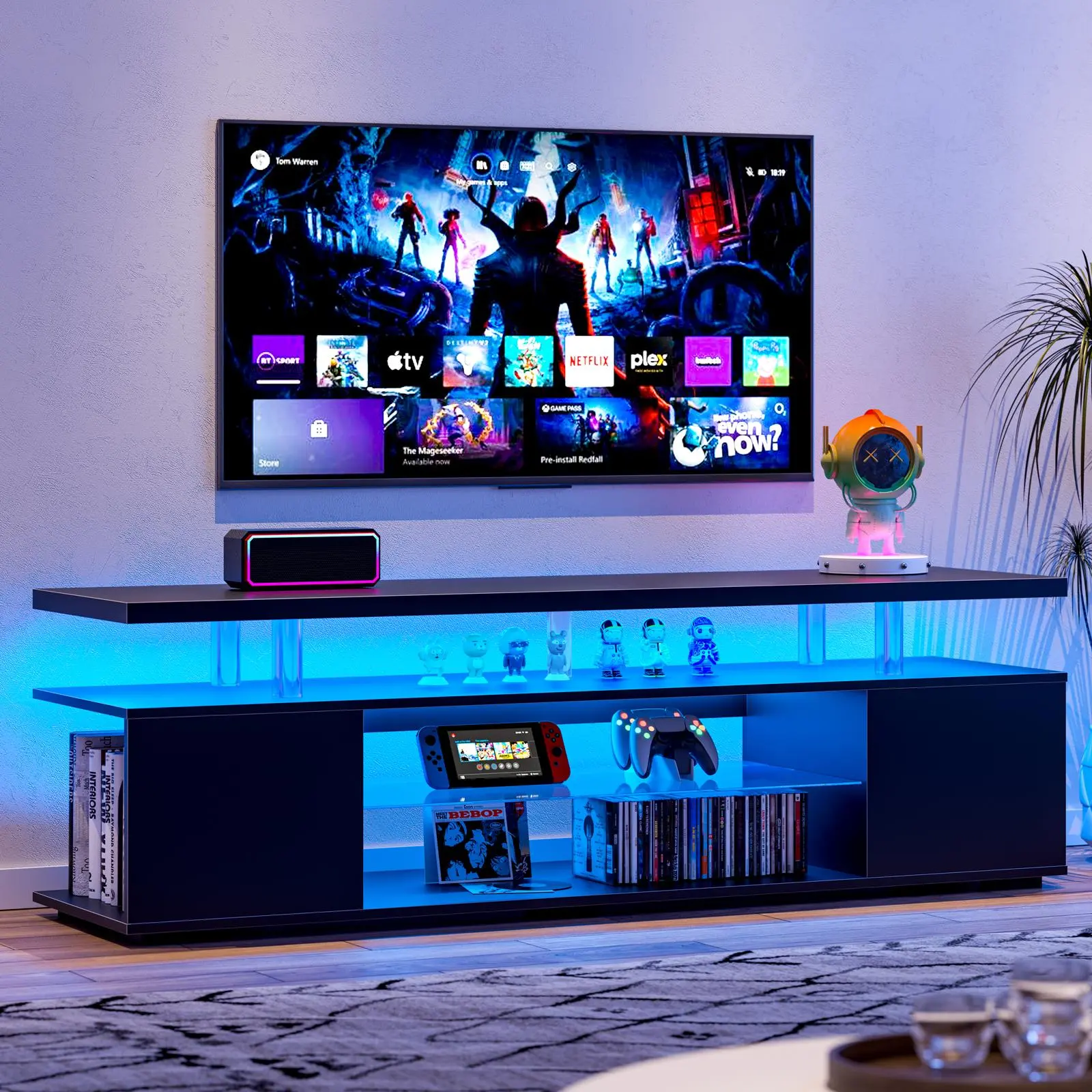 70-Inch Rectangular Black Wood TV Stand - Modern Gaming Entertainment Center Media Console Table with RGB LED Lights, Large Side Storage Cabinet for Living Room decor furniture