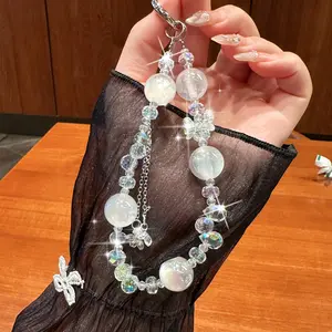 Flower pendant Mobile phone chain Sparkling Beaded Phone Wrist Strap- Stylish Cellphone Lanyard Chain with Bracelet Design for Women and Girl HNSPSJL04