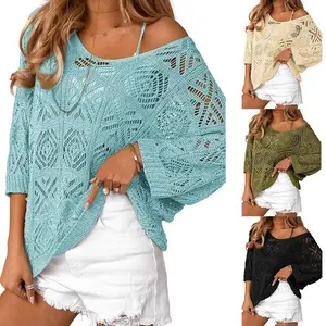 2025 Spring/Summer Crochet Hollow-out Three-Quarter Sleeve Pullover Sweater off-the-Shoulder T-shirt Tops for Women Casual Womenswear