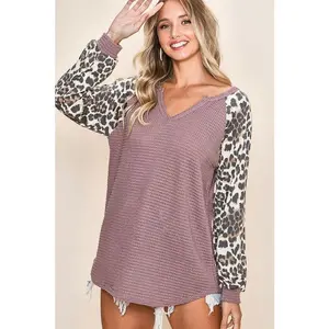 BiBi Popcorn Waffle Leopard Long Sleeve Knit Top