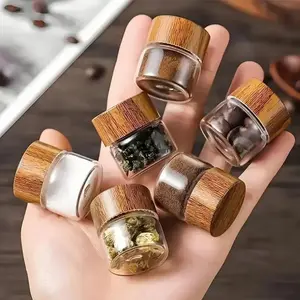 Portable Mini Glass Storage Jar with Wooden Lid, Travel Picnic Camping Kitchen Spice Container, Coffee Canister, Cosmetic Organizer, Spice Jars
