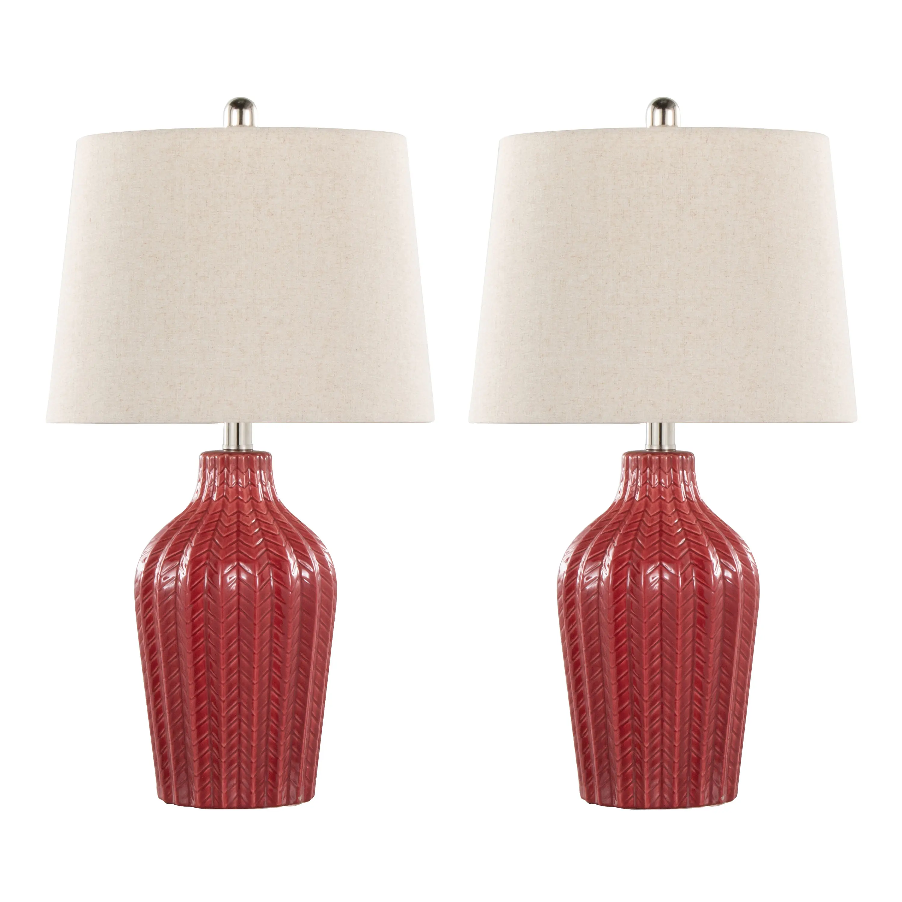Set of 2 Contemporary Ceramic Table Lamps, 23" Tall, Glossy Brick Red with Polished Nickel Accents and Natural Linen Shade