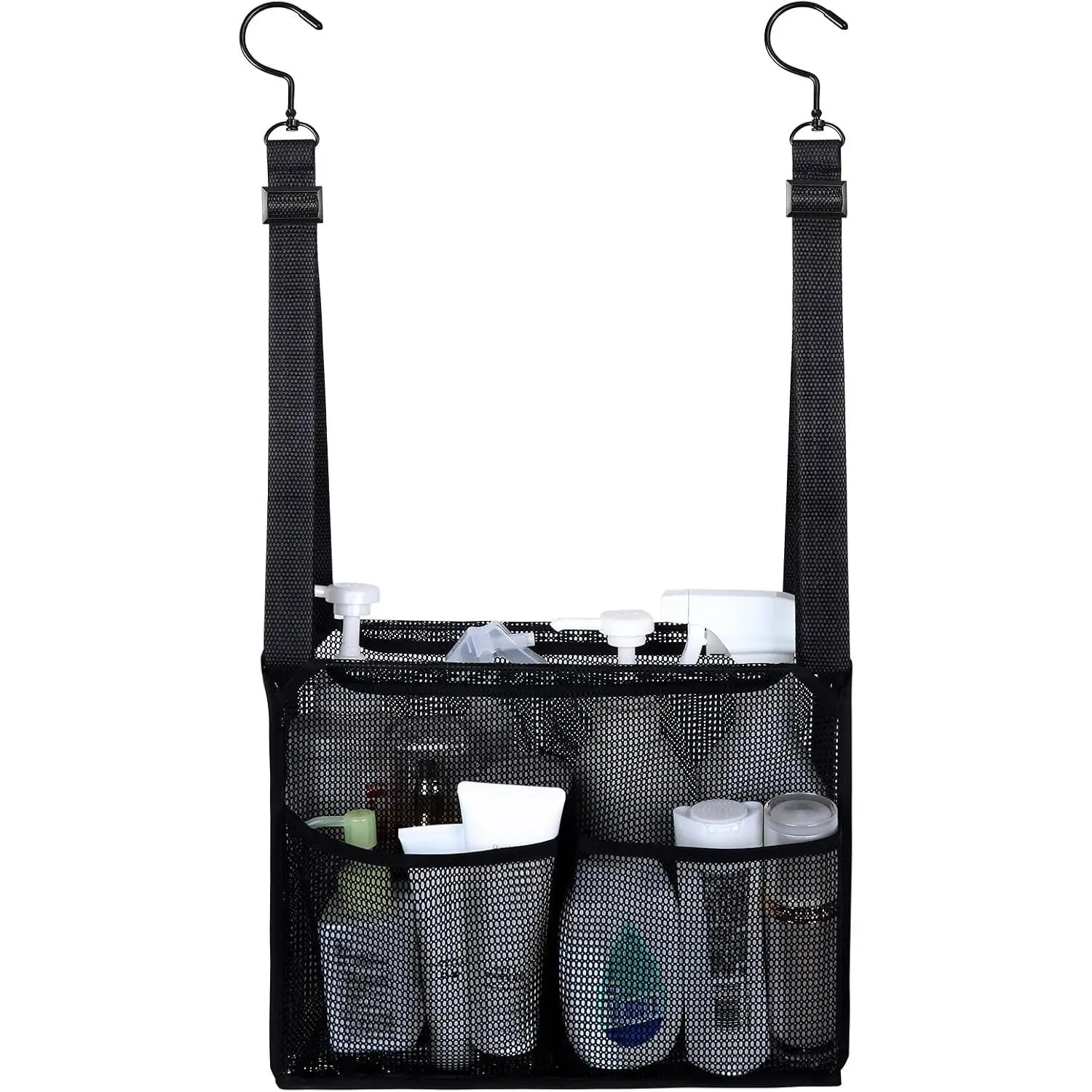 4-Pocket Hanging Mesh Shower Caddy with Adjustable Hooks for Dorm, Gym and Travel, Black