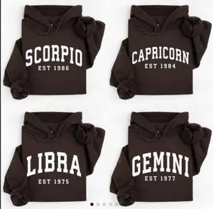 (Leave A Note or DM to Shop) Custom Zodiac with Est Year Hoodie - Dark Chocolate Color, Horoscope Astrology Graphic Hoodie, Unisex Crewneck Hoodie, Personalized Zodiac Energy Gift for Birthday, Star Sign Lovers