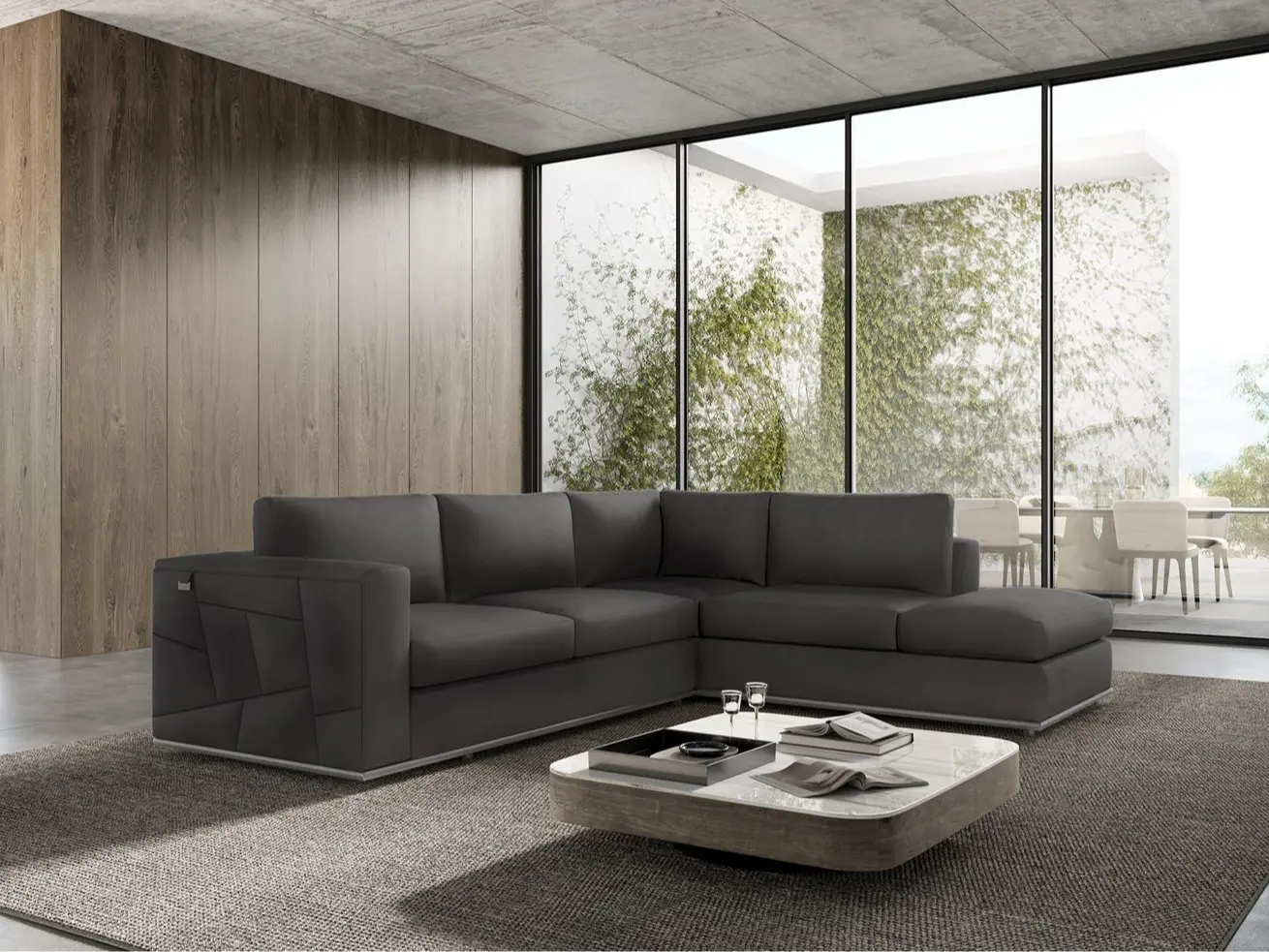 Global United 998-GY-RAF 2 pc Latitude Run Oleander Grey Italian Leather Sectional Sofa with Right Facing Chaise Chrome Trim 117" x 97.5" x 40" x 35"