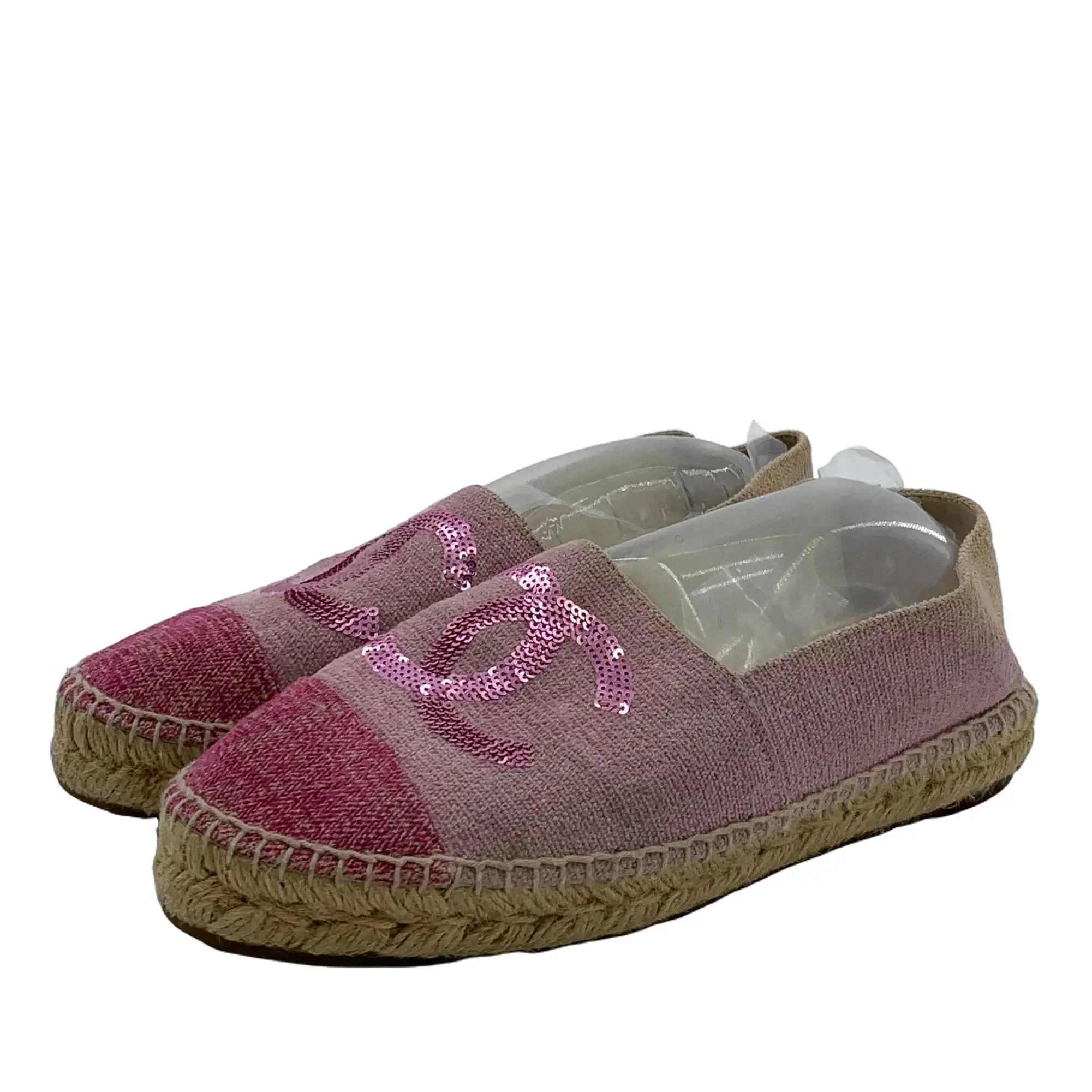 RDLT-Chanel Size 38 Pink Sequin CC Logo Woven Flat Espadrilles-J36224