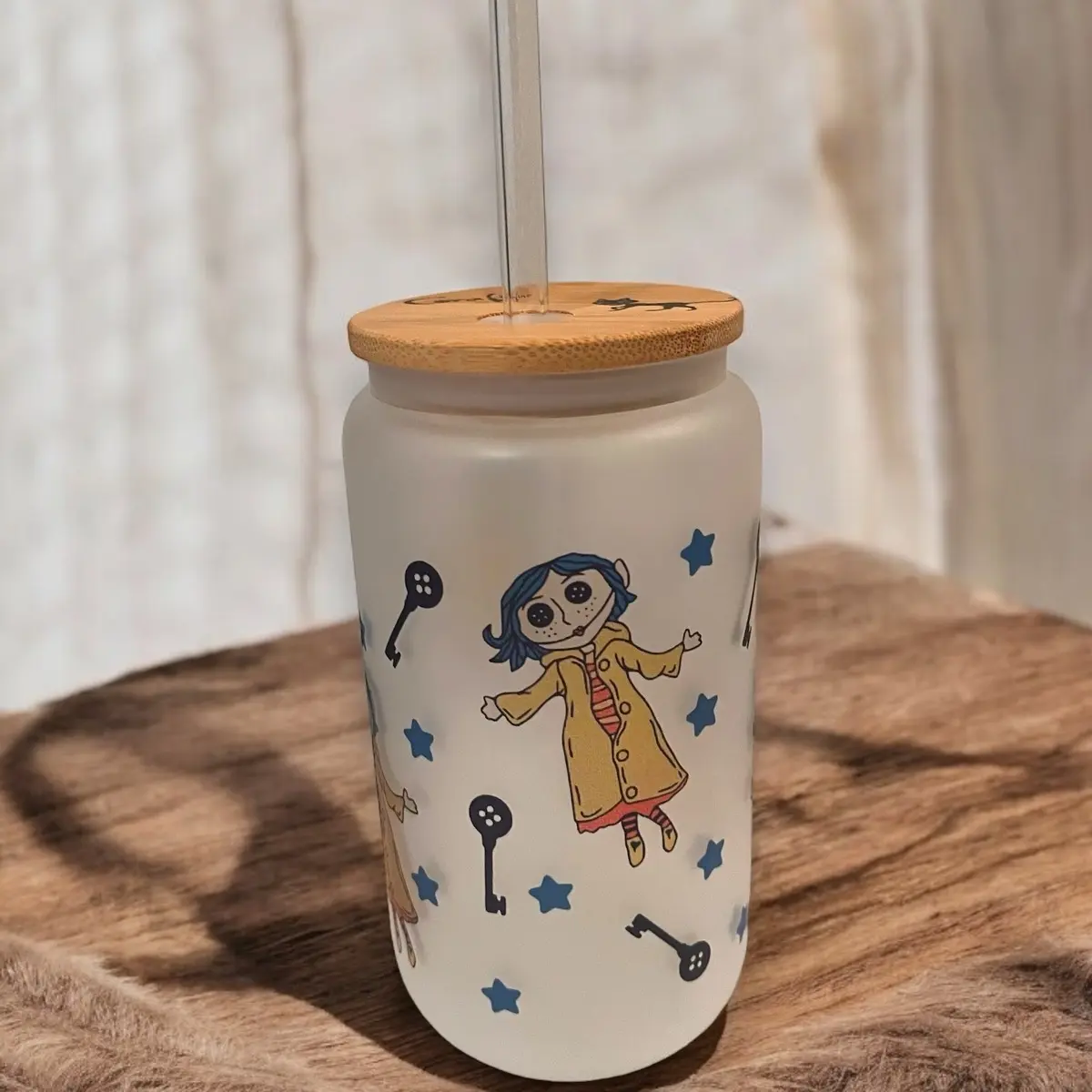 Spooky Button Doll 16oz Libby Glass Can Cup with Lid and Straw, Halloween Adult Drinkware for Birthdays, Celebration, Kitchen Tumbler Mug