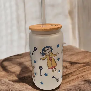 Spooky Button Doll 16oz or 20oz Beer Can Glass Style Cup with Lid and Straw for Halloween Parties and Creepy Gatherings Drinkware Tumblers Mug kitchen glassware