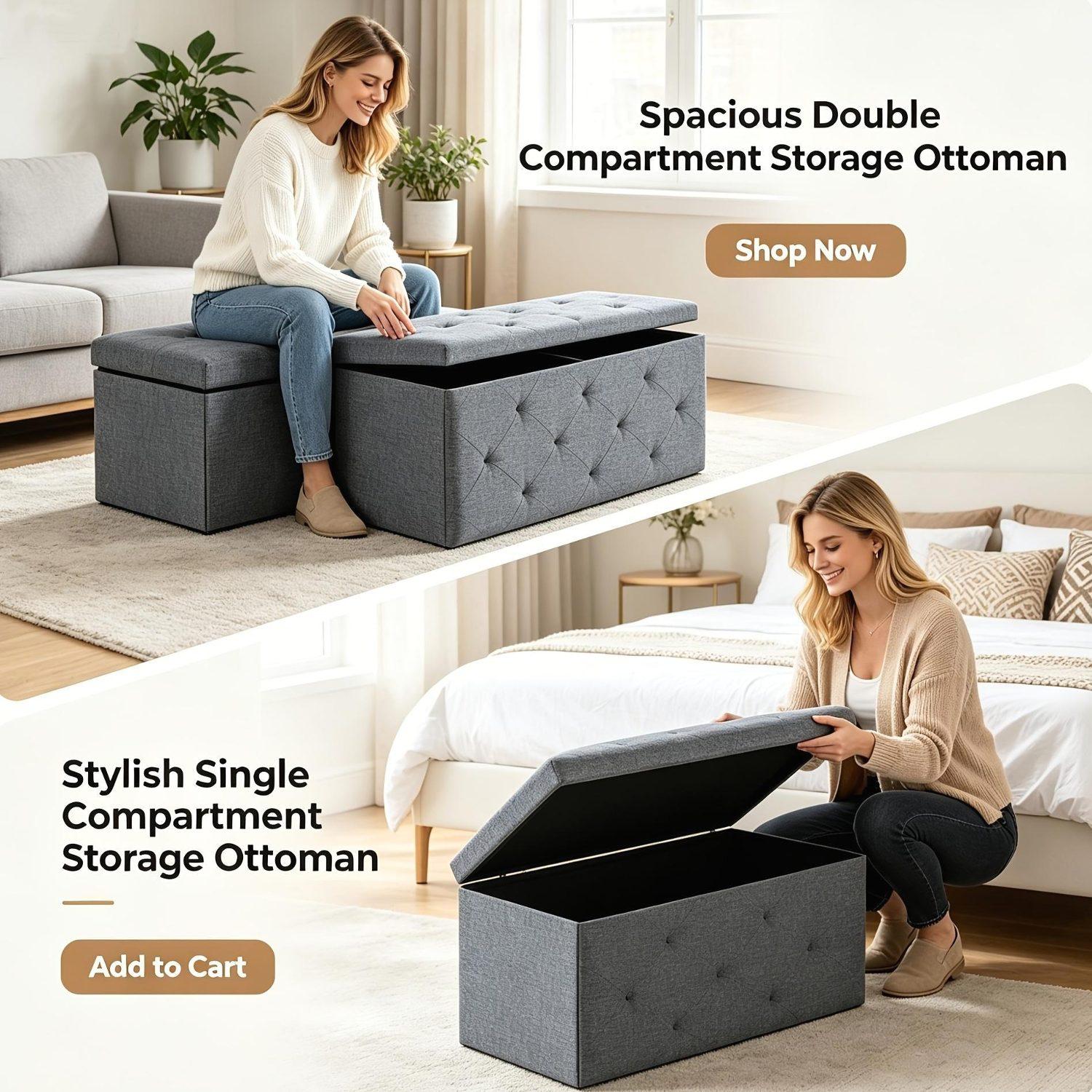 Grey Heavy-Duty Multi-Functional Folding Storage Ottoman Bench with Cushion - Indoor & Outdoor Use, Space-Saving Design, Water-Resistant Easy-to-Clean Surface - Ideal for Living Room, Patio, Tool Storage