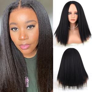 ZIHAN Women's 18-Inch Glueless Kinky Straight Synthetic Wig, Middle Part Pre-Plucked Hairline, Heat Resistant Convenient Synthetic Material Full Machine Wig with Adjustable Straps, Natural Black, Kinky Straight Wigs, Convenient Wigs summerwins,summerwins