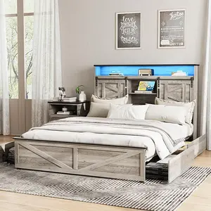 Vabches Farmhouse Bed Frame with 4 Drawers and Bookcase Headboard, Sliding Barn Door Storage Shelves, LED Lights and Charging Station, No Box Spring Needed, Grey