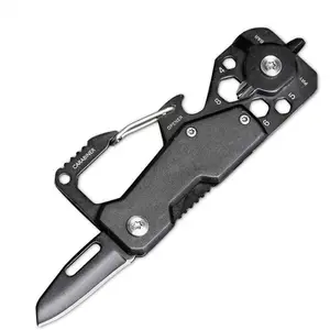 8 in 1 Multitool Carabiner Keychain - Black Aluminum & Stainless Steel - Bottle Opener, Wrench, Screwdriver, Knife, EDC Keychain