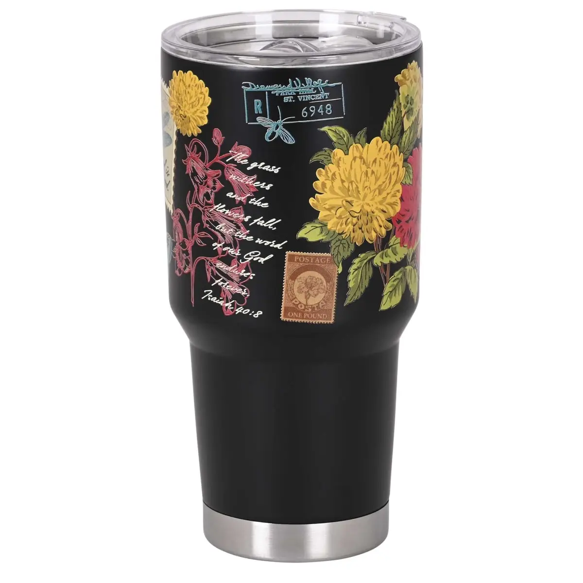 360 Stand 30oz Portable Stainless Steel Vacuum Flask with Plastic Lid - Vintage Black Beverage Tumbler, Butterfly Print Design, Hand Wash Compatible, Water Bottle, Leak-Free Vacuum Flasks