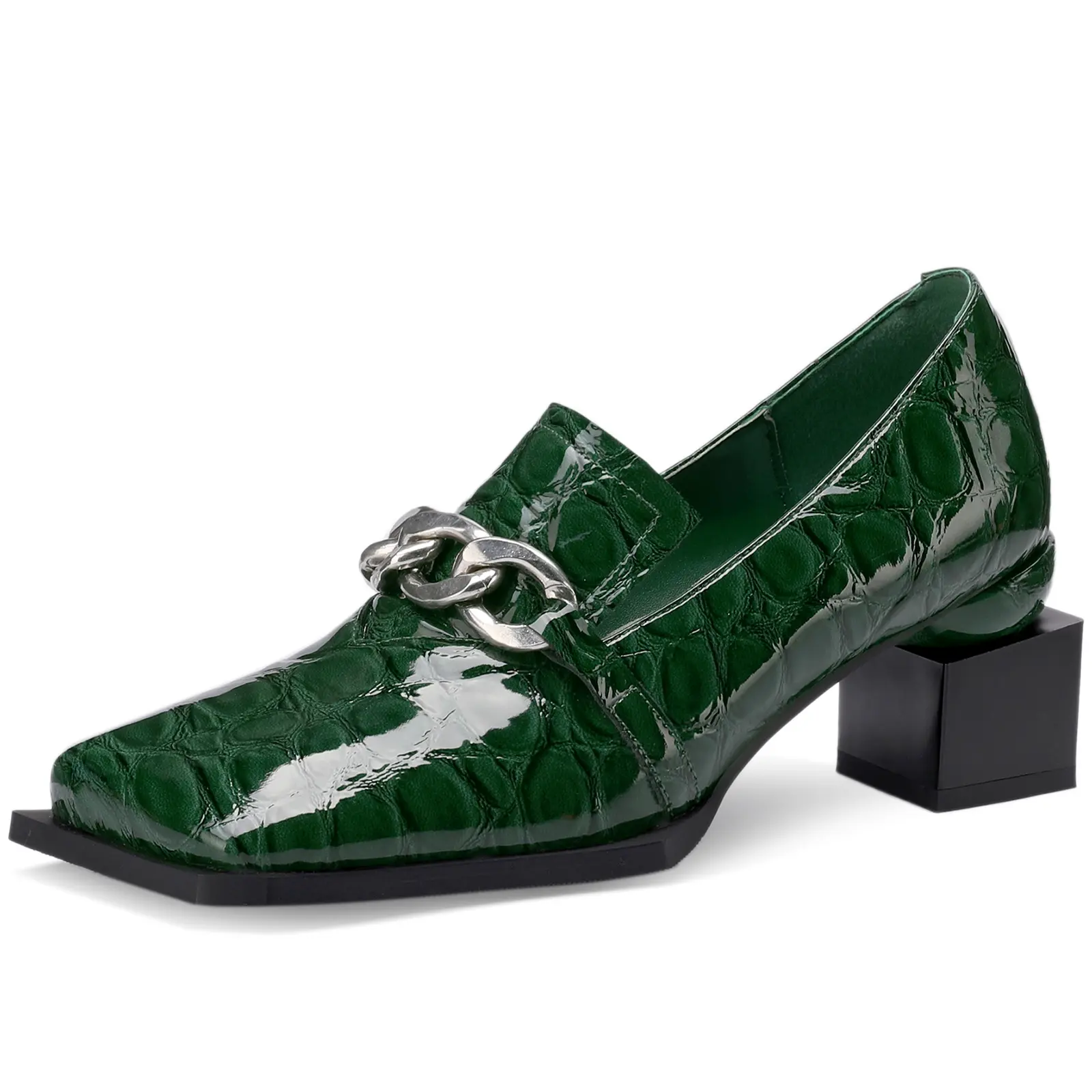 TDD Women's Patent Leather Loafers - 2-in Chunky Block Heels Square Toe Buckle Wide Comfortable Slip-On Classy Footwear Dressy Casual Moccasins 064