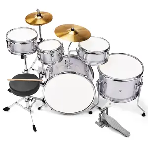 5-Piece Junior Drum Set Silver - Complete Kids Drum Kit with Cymbals, Stool & Pedal for Beginners