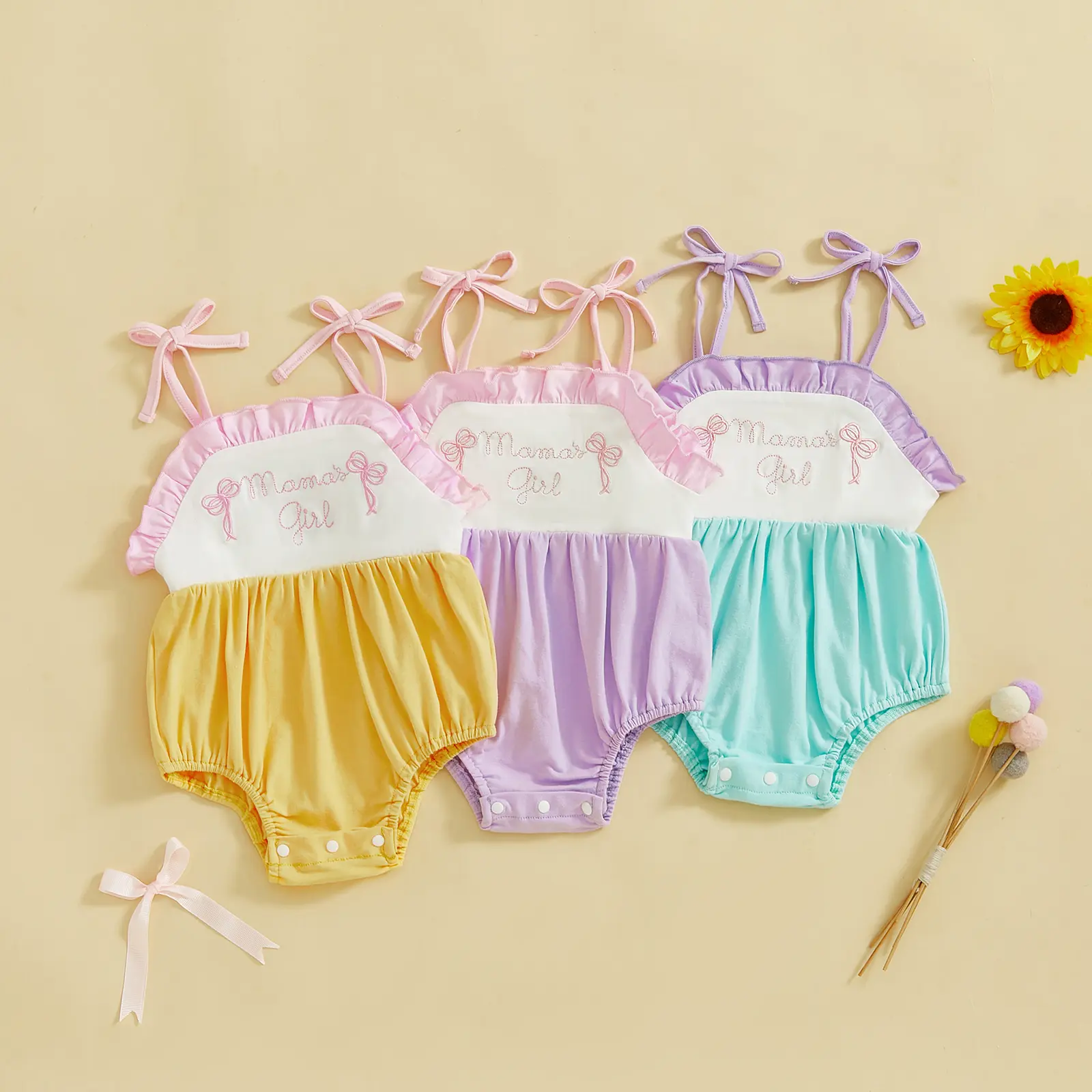 Afunbaby Infant Baby Girl Summer Mother's Day Romper Sleeveless Tie Strap Bow Mama's Girl Embroidery Bodysuit Newborn Playsuit
