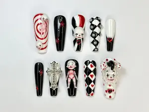 Spooky Carnival Press On Nails | Handmade Black And Red Clown Nail Art | 3D Creepy Clown Design | Gothic Cross & Doll Press Ons