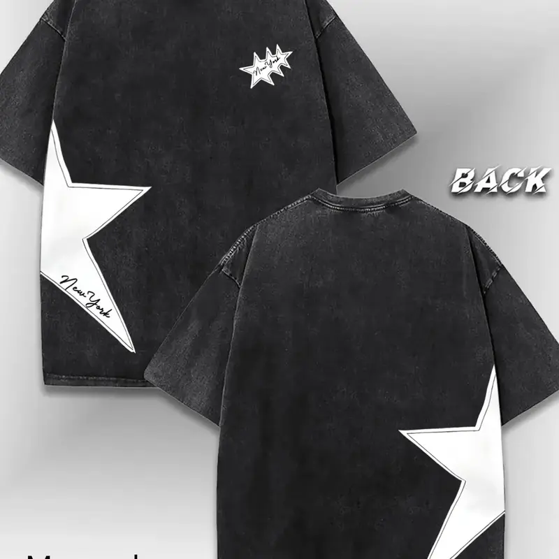 Men's Cotton T-Shirt with New York Stars Print, Summer Oversized Loose Fit Classic Casual Short Sleeve Round Neck Tee, Comfortable Daily Wear Tops
