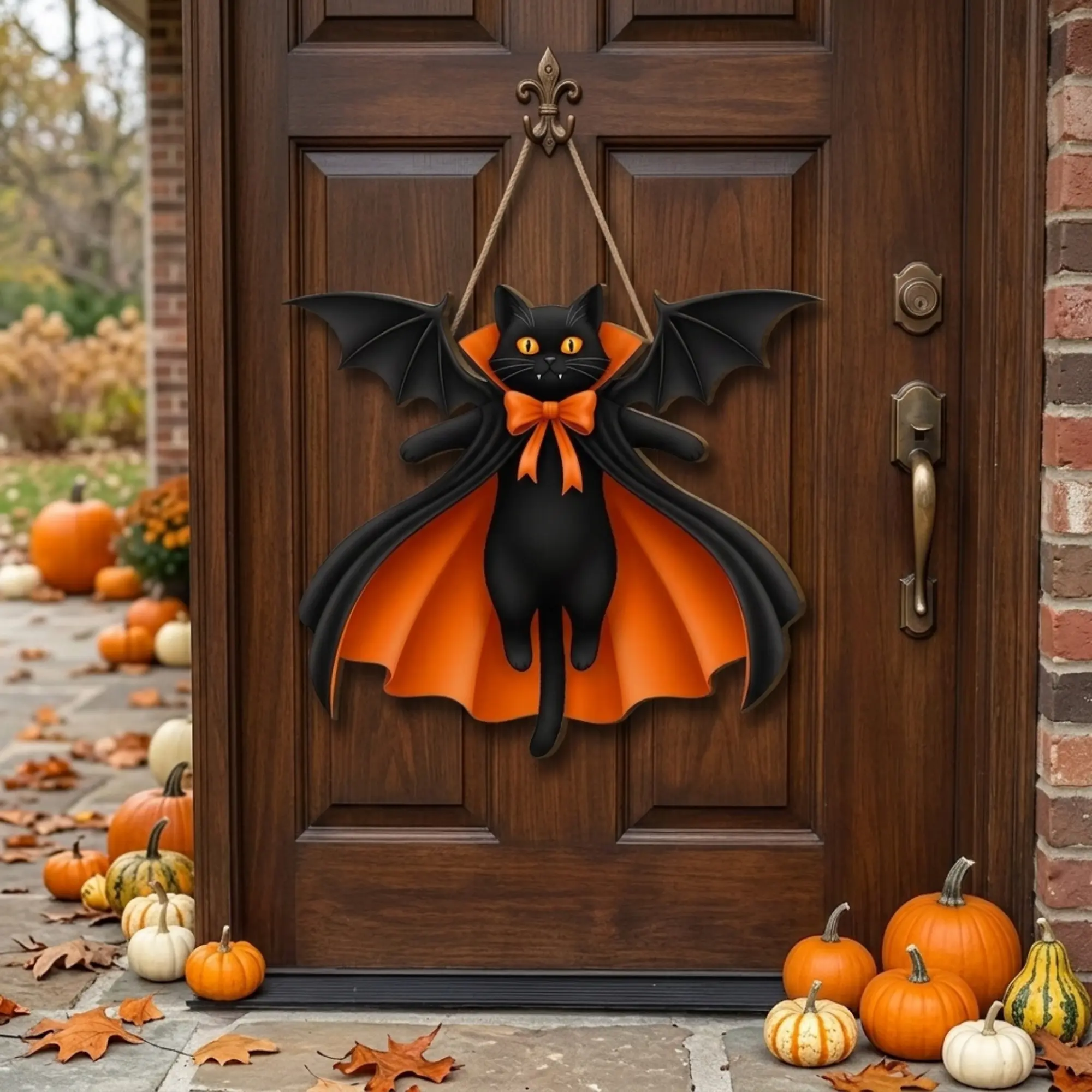 Vintage Halloween Black Cat Door Hanger, Wooden Vampire Cat Welcome Sign, Rustic Farmhouse Front Door Porch Decor