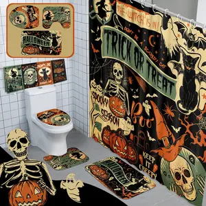 Halloween Ghost Shower Curtain Set 72" Halloween Bathroom Decor Set with 12 Hooks Non Slip Rug Toilet Lid Cover and Bath Waterproof Mat Restroom Shower Accessories Haunted Spooky House Decor