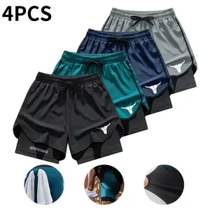 Men’s 2‑in‑1 double‑layer quick‑dry shorts with inner pockets, available in a 4‑pack, suitable  summer gym workouts and training. outfit for sale