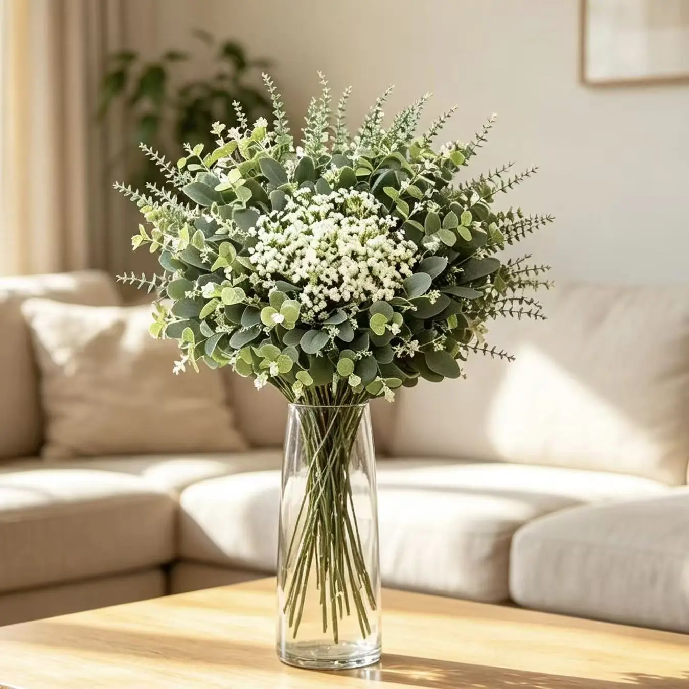 120PCS Simulated Eucalyptus Starry Sky 4 Mixed Bouquet, UV resistant, Never Withering Green Plants, Suitable for Living Room and Courtyard Decoration, Wedding and Party Venue Decoration