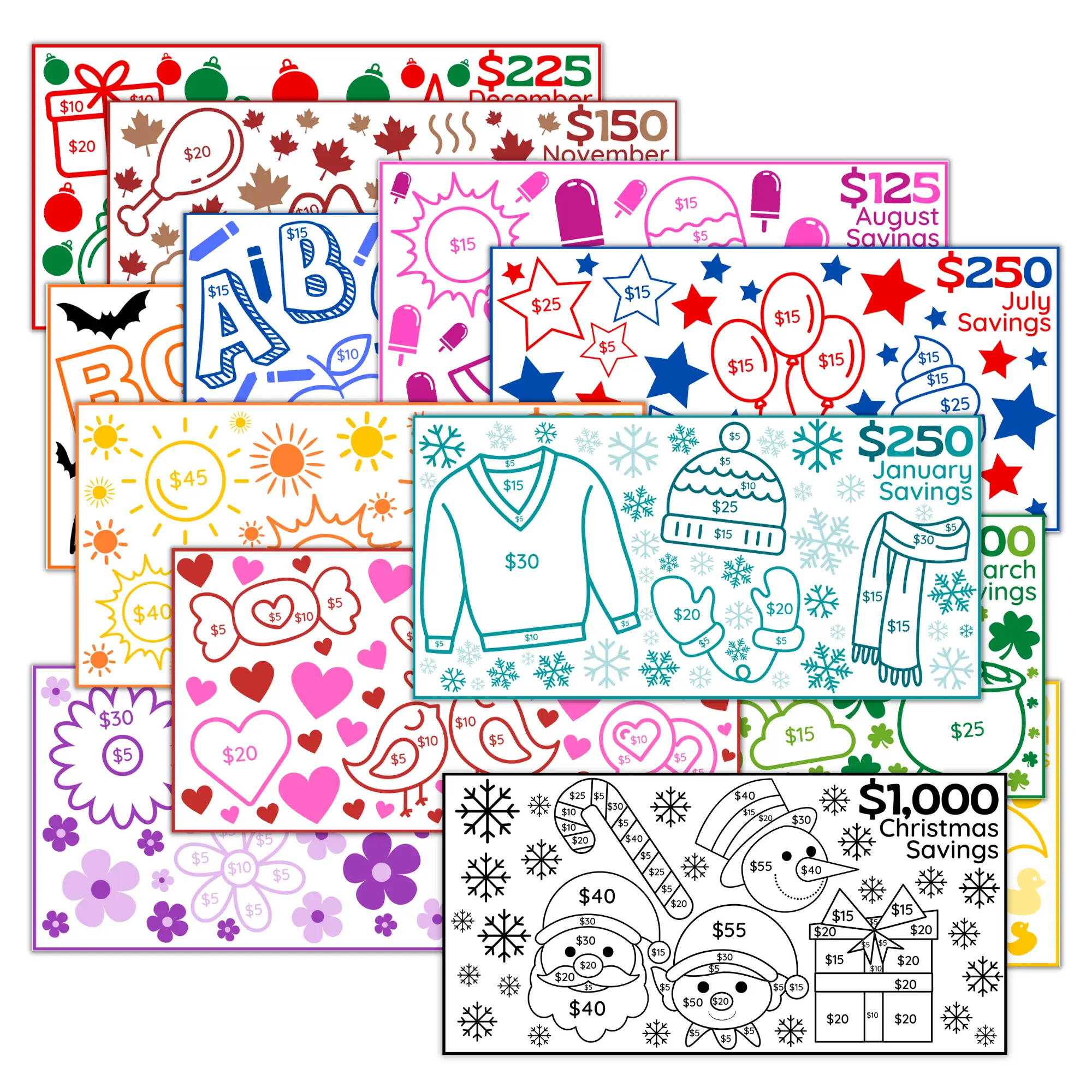 Honeydew Hive Laminated A6 3" x 6" Color-By-Number Saving Challenge Cards | Savings Trackers & Bonus $1,000 Christmas Savings Challenge