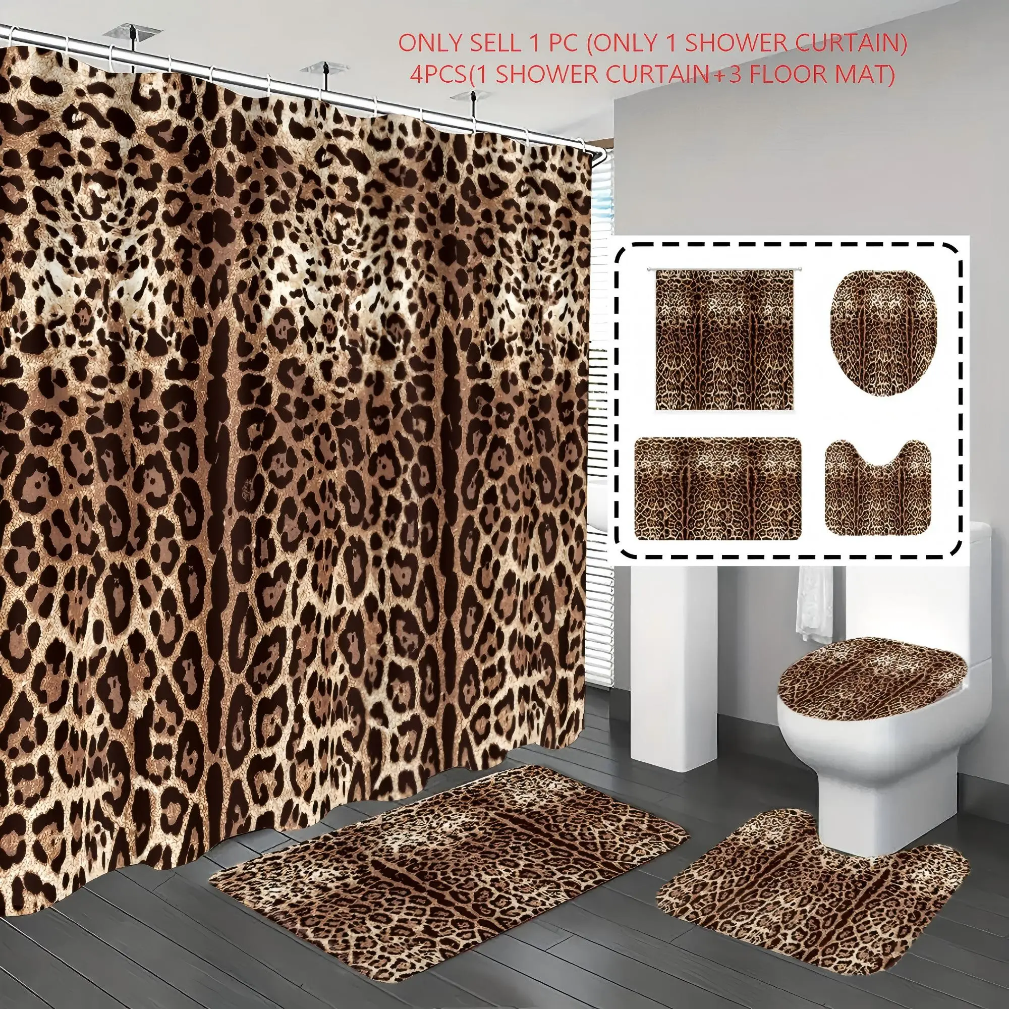 [Popular Choice]1pc/4pcs, bathroom set, shower curtain set, shower curtains, bathroom decor,bathroom rug, Home Decoration, bathroom mat, Leopard Pattern, Animal Pattern Theme Decoration, with 12 hooks, Bathroom Decoration Accessories