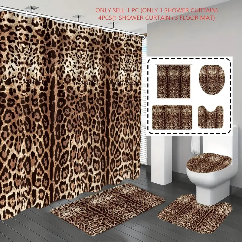 [Popular Choice]1pc/4pcs, bathroom set, shower curtain set, shower curtains, Bathroom Decor And Accessories, bathroom rug, Home Decoration, bathroom mat, Leopard Pattern, Animal Pattern Theme Decoration, with 12 hooks