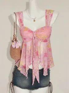 Women's Floral Asymmetric Hem Ruched Vest Top, Elegant Flower Pattern Blouse, Stylish Casual Wear, Perfect for Spring and Summer