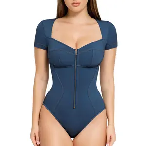 The Shapewear Bodysuit Denim V-Neck Short Sleeve Fashion Fabric Mesh