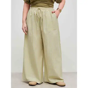 Cider [5 colors, size 0-26] Woven Mid Rise Elastic Waist Striped Pocket Wide Leg Trousers Curve & Plus