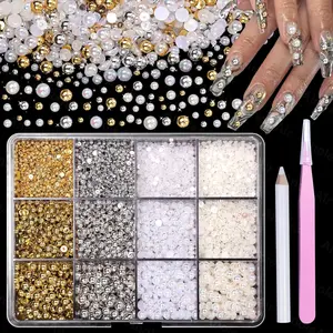 Gold Silver Nail Pearls for Nail Art, Nail Gems for Nail Art, Beads for Crafting, Small Tiny Half Pearls Beads for DIY Nail Art, Face Makeup and Craft
