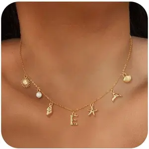 Gold Initial Charm Necklace for Women Shell Letter A-Z Necklace 14K Gold Plated Charm Pendant Necklace Boho Summer Seashell Beach Starfish Surfer Jewelry
