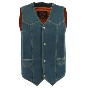 Men's Blue Denim Classic Snap Front Biker Vest