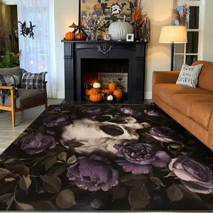 Dark Skull Pattern Print Carpet for Halloween, Home Decor Area Rug for Living Room & Bedroom, Multi-Scene Use with Various Sizes Available, Floral Area Rug