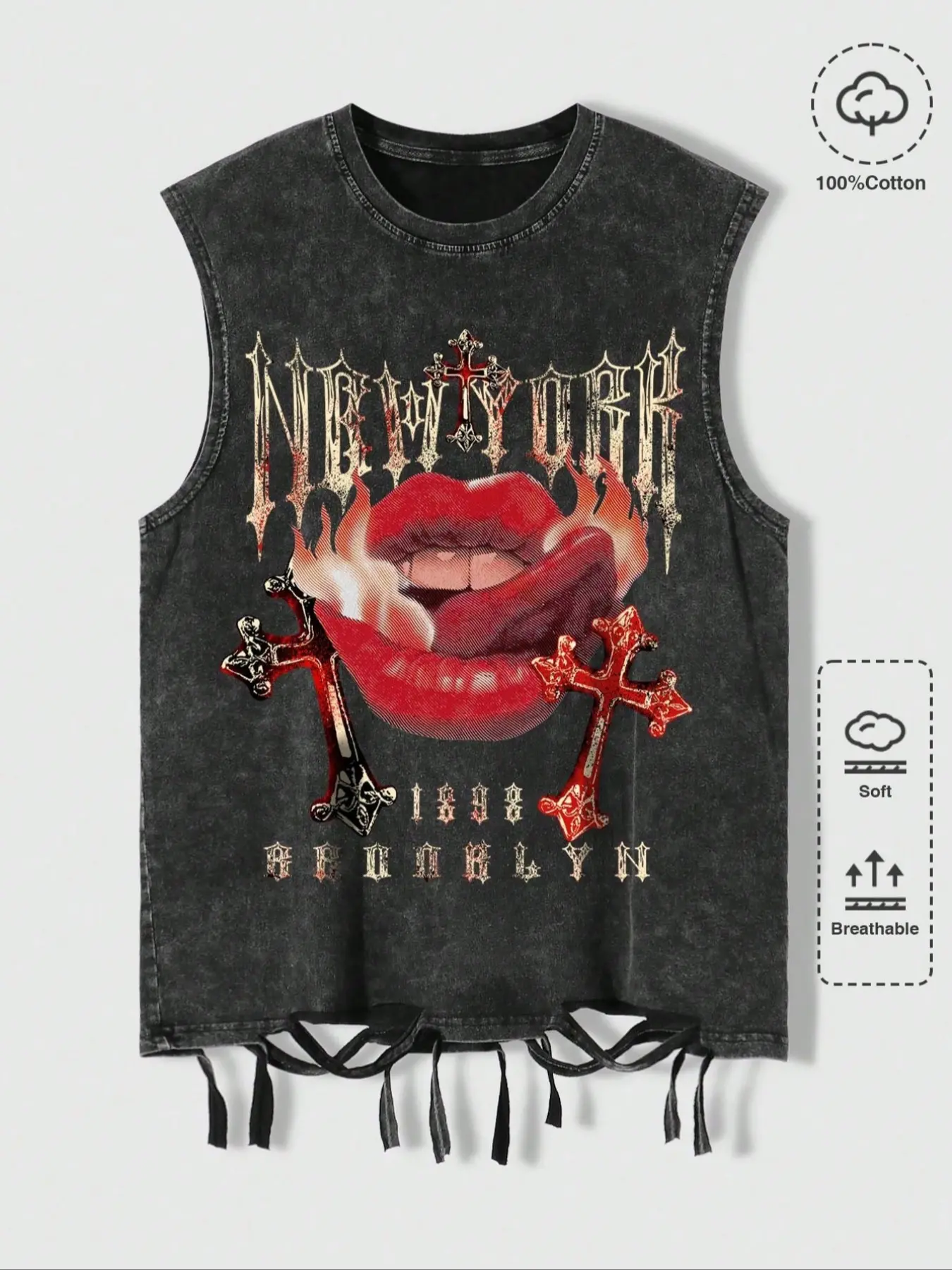 This men's urban-style Casual Graphic printed vest with a distressed effect is perfect for summer and school wear, showcasing a 2000s style.