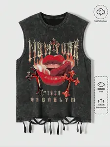 This men's urban-style graphic printed Sleeveless vest with a distressed effect is perfect for summer and school wear, showcasing a 2000s style.