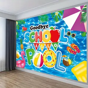 2D Flat Banner Polyester Photography Backdrop, HD Printed Summer Pool Party Theme Background Cloth with 'Goodbye School Hello Pool' text, water ripple, flamingo, beach ball, and pool accessories. Soft, lightweight, foldable, machi
