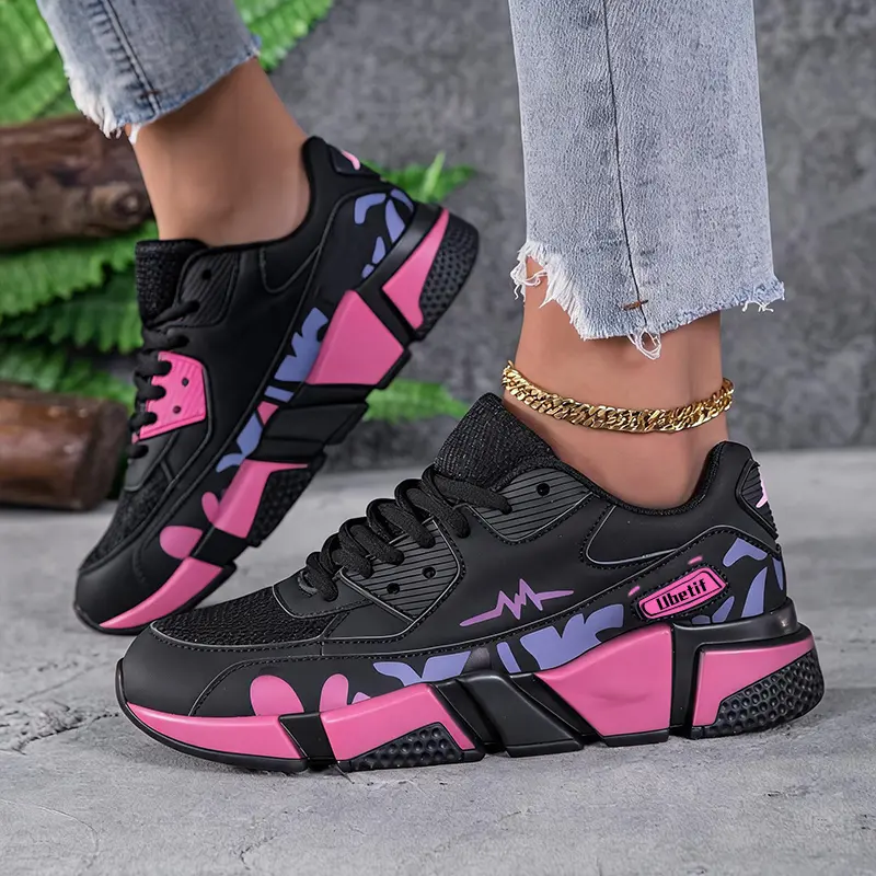 Women’s color-block breathable casual sneakers — height-increasing, shock-absorbing  Sporty  Spring & Fall Elegant Fashion Casual Round Toe Low Top Lace-Up Thick Sole Breathable Outdoor Running Shoes
