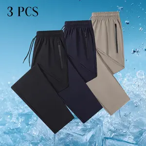 Men’s 3-Pack Ice Silk Quick-Dry Jogger Sweatpants — Elastic Drawstring Waistband, Zipper Pockets, Lightweight & Breathable, Summer Fitness Essential
