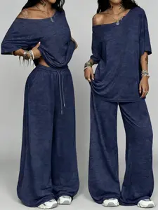 Women's Casual Solid Color Sport Two-Piece Set, Loose Long Pants & Wide Leg Slant Neck Pant Suit, Spring & Fall Fashion