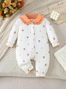 Cute Cherry Print Baby Girl Onesie, Sweet Fresh Style, Front Button Design, Elastic Cuffs, Comfortable Fabric, Suitable for Home and Outdoors, Baby Girl Clothes