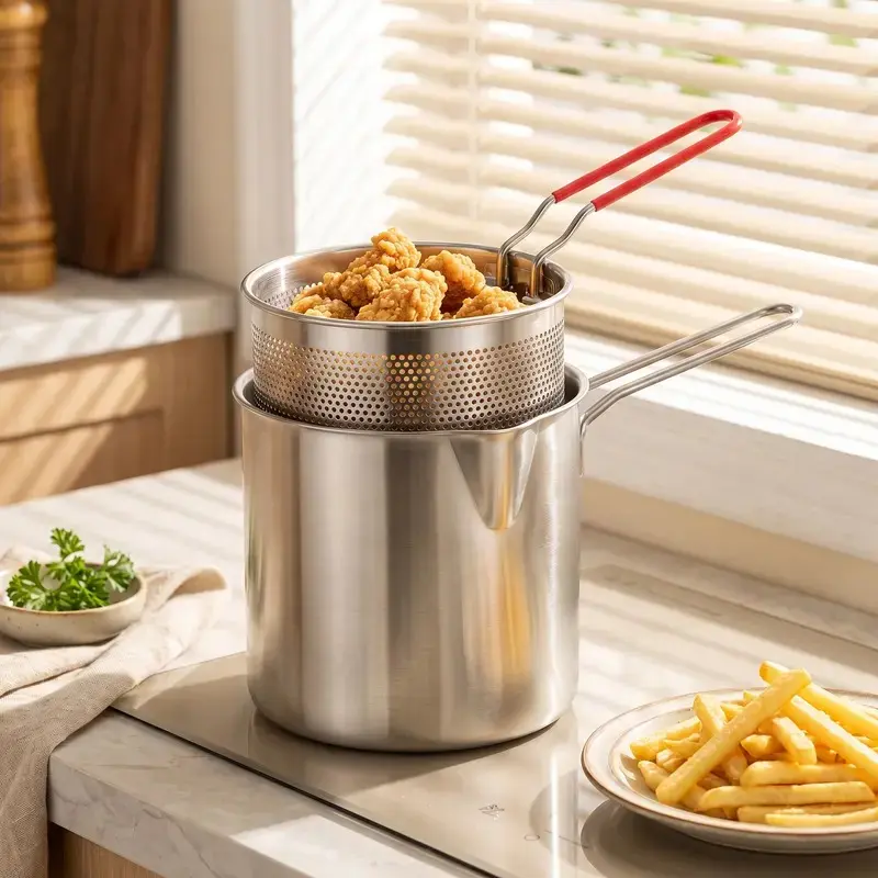 304 Stainless Steel Small Size Deep Fryer Pot with Mesh Basket, Drain Separation, Heat-Resistant Grip, Metal Finish, Multi-Set Kitchen Cookware for Home Cooking