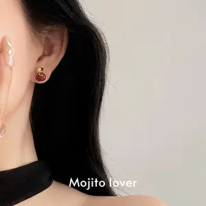 Red Pouch Wraps Fortune 2026 Year of the Horse New Year Red Agate Fortune Pouch Coin Earrings - Stylish and Elegant Holiday Earrings