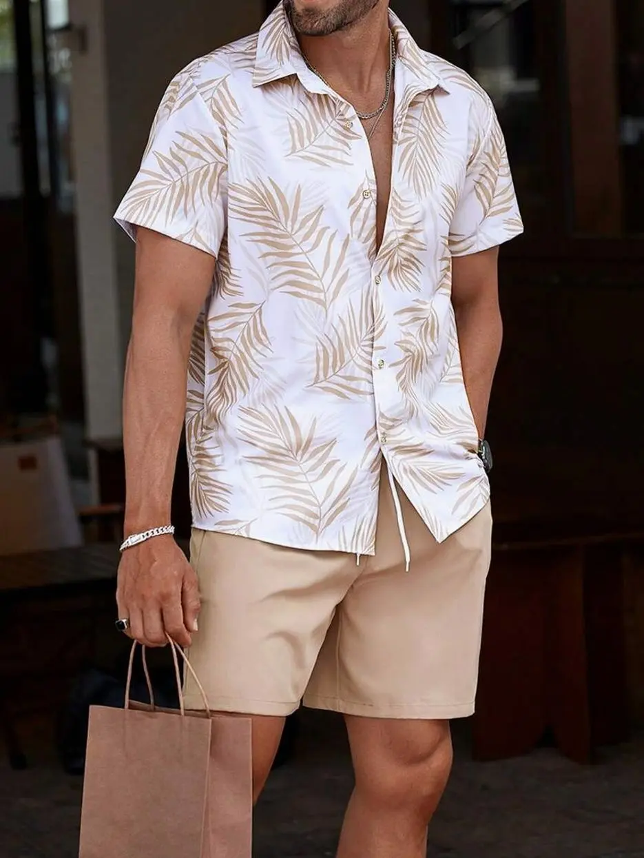 Men's Tropical Plant Print Matching Set, Casual Shirt and Shorts Summer Beach Resort Outfit