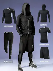 Men's 5 Piece Sports Set, Breathable Mesh Long Sleeve Tee, High Elasticity Compression Pants, Quick-Dry Hoodie & Shorts